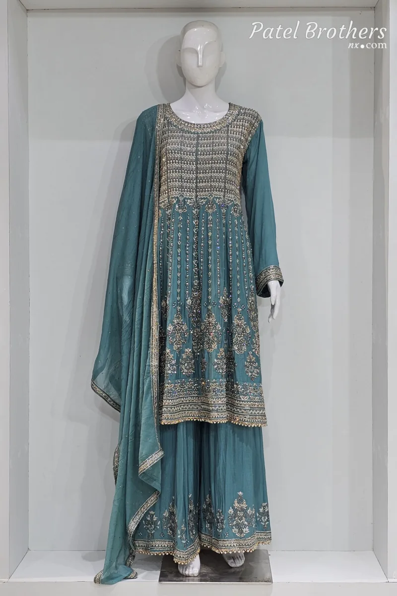 Sea Green Embroidered Peplum Suit – Pure Chinon Chiffon Elegance | 3305 B - Patel Brothers NX 3