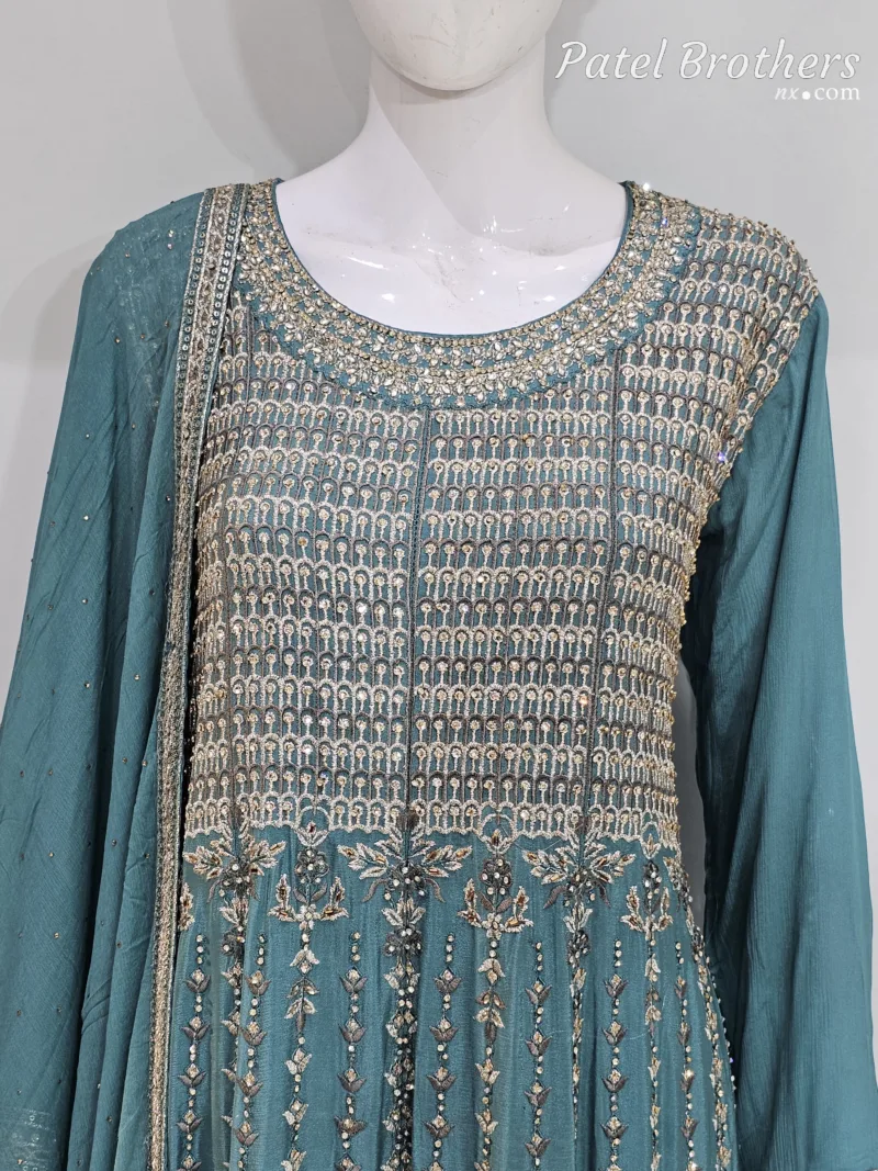 Sea Green Embroidered Peplum Suit – Pure Chinon Chiffon Elegance | 3305 B - Patel Brothers NX 7