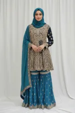Dark Blue & Sky Blue Peplum Garara Set – Pure Viscose Chinon Chiffon | Luxury Formal Wear 3319 A - Patel Brothers NX 10