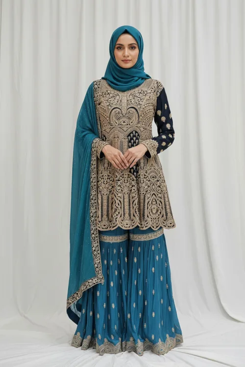 Dark Blue & Sky Blue Peplum Garara Set – Pure Viscose Chinon Chiffon | Luxury Formal Wear 3319 A - Patel Brothers NX