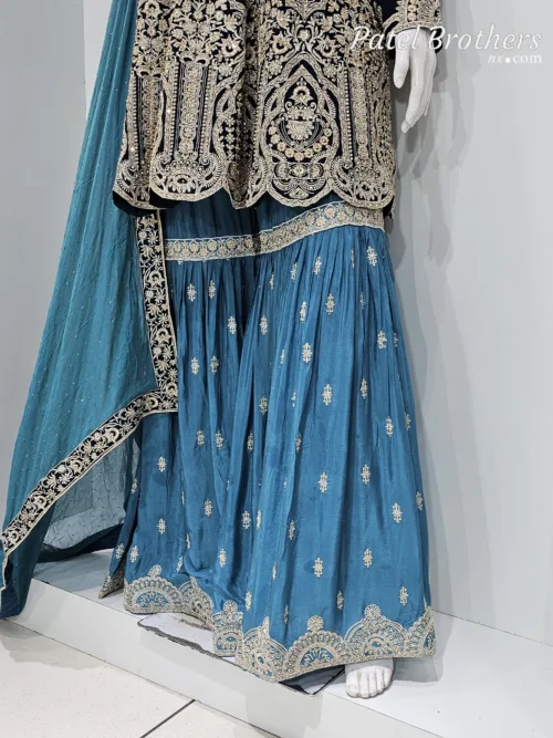 Dark Blue & Sky Blue Peplum Garara Set – Pure Viscose Chinon Chiffon | Luxury Formal Wear 3319 A - Patel Brothers NX 4