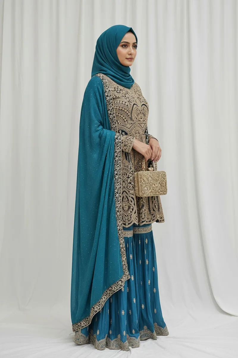 Dark Blue & Sky Blue Peplum Garara Set – Pure Viscose Chinon Chiffon | Luxury Formal Wear 3319 A - Patel Brothers NX 4