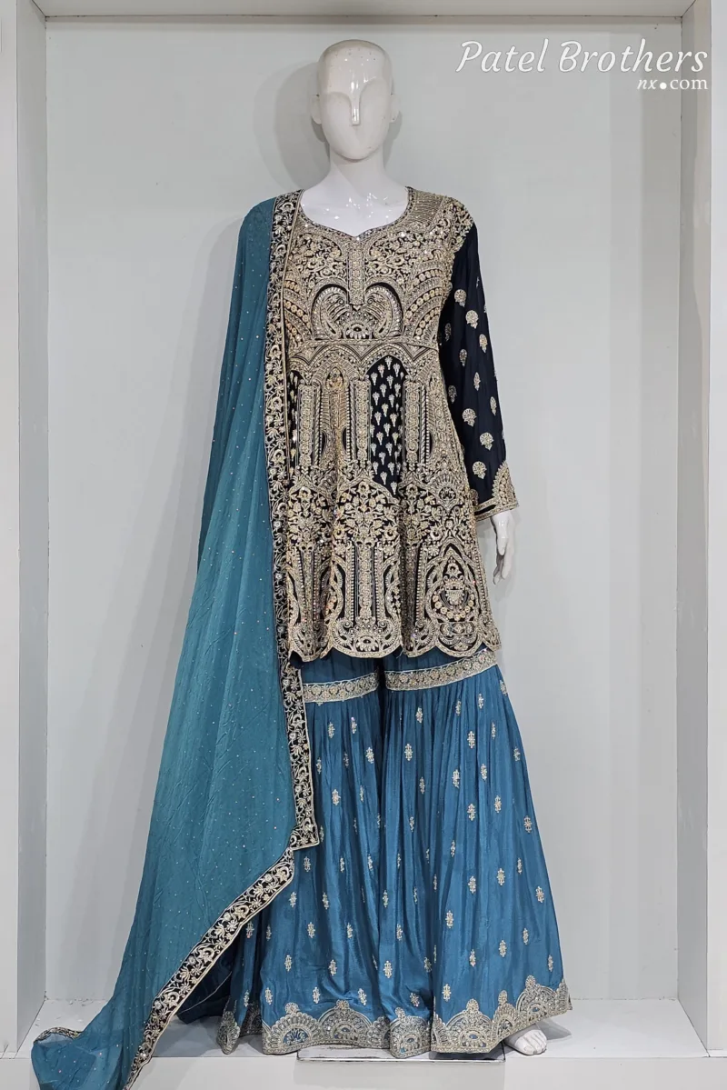 Dark Blue & Sky Blue Peplum Garara Set – Pure Viscose Chinon Chiffon | Luxury Formal Wear 3319 A - Patel Brothers NX 3