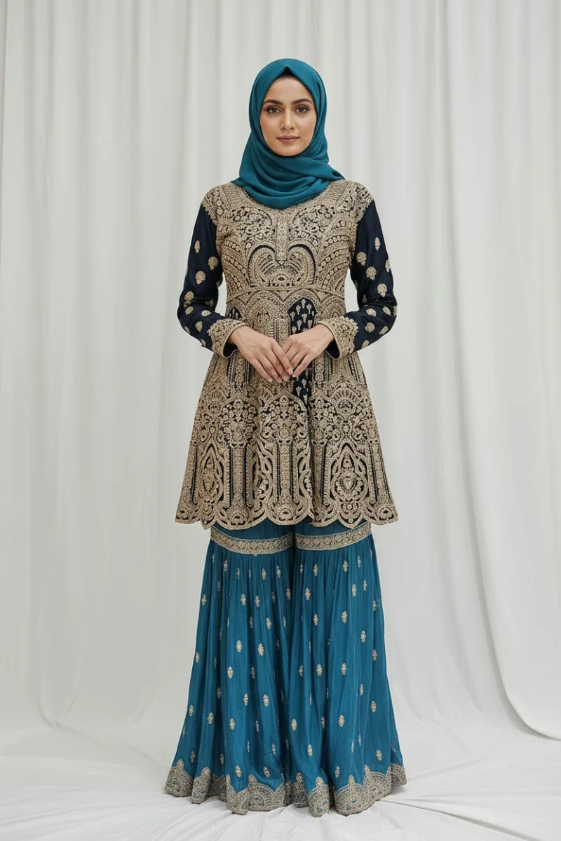 Dark Blue & Sky Blue Peplum Garara Set – Pure Viscose Chinon Chiffon | Luxury Formal Wear 3319 A - Patel Brothers NX 6
