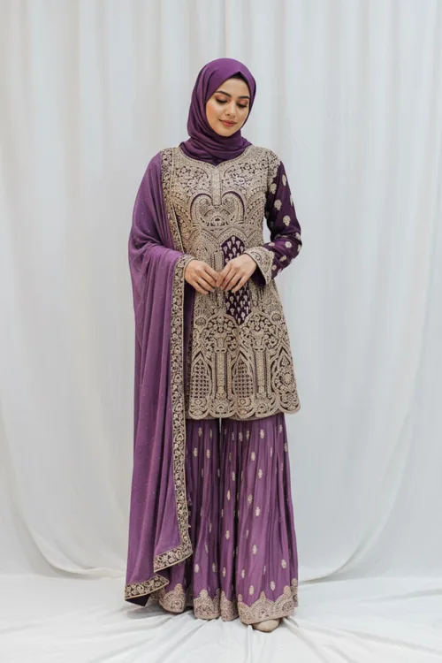 Dark Wine & Light Purple Peplum Garara Set – Pure Viscose Chinon Chiffon | Luxury Formal Wear 3319 C - Patel Brothers NX