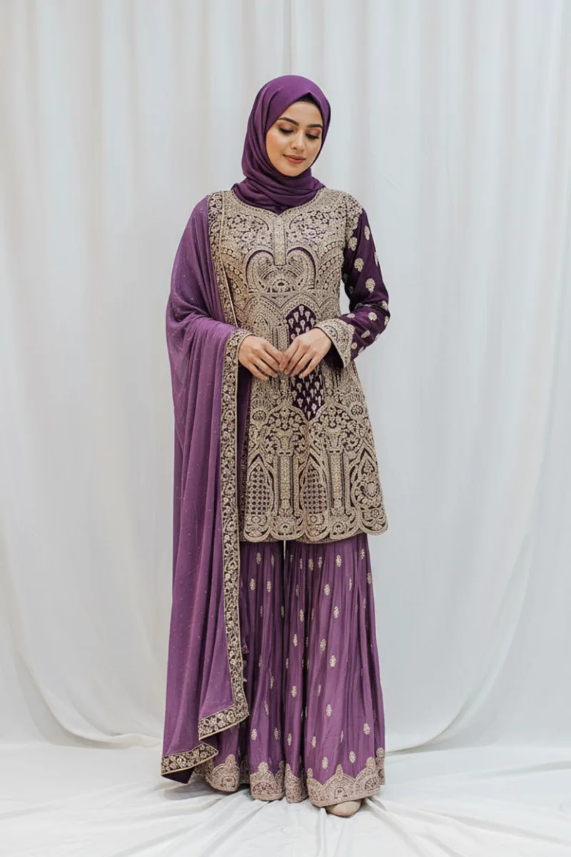 Dark Wine & Light Purple Peplum Garara Set – Pure Viscose Chinon Chiffon | Luxury Formal Wear 3319 C - Patel Brothers NX 3