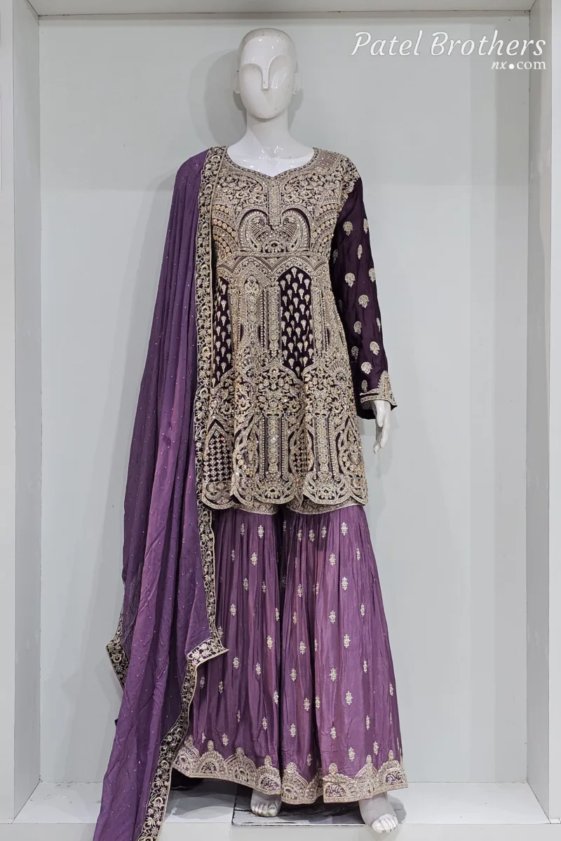 Dark Wine & Light Purple Peplum Garara Set – Pure Viscose Chinon Chiffon | Luxury Formal Wear 3319 C - Patel Brothers NX 3