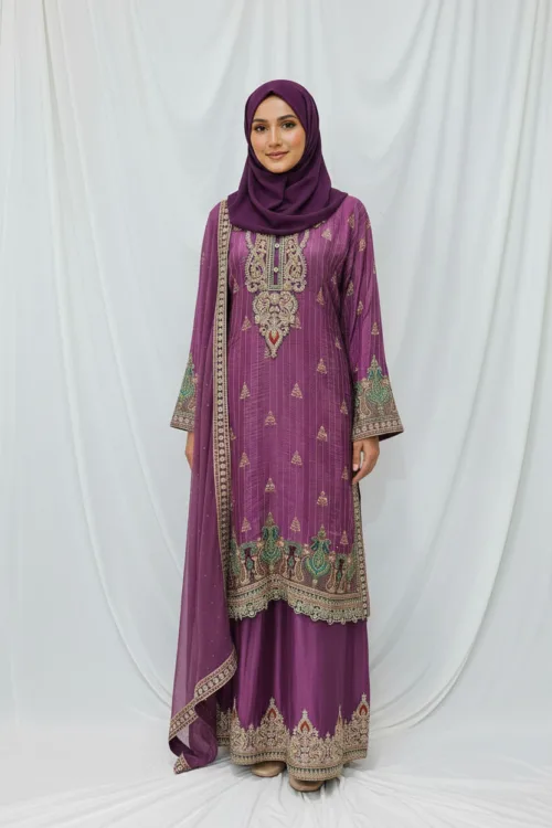 Royal Purple Pure Banarasi Muslin Silk Top and Bottom with Chiffon Dupatta | 3364 A - Patel Brothers NX