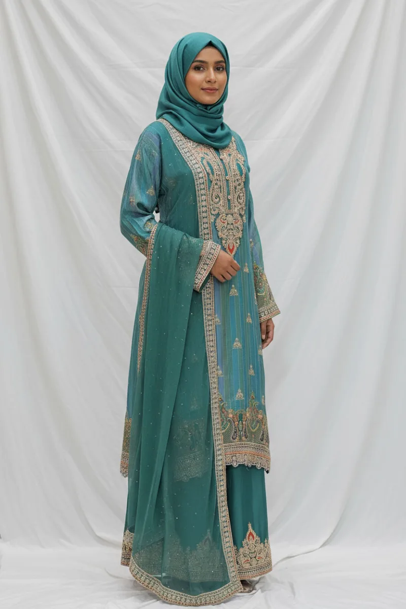 Royal Turquoise Pure Banarasi Muslin Silk Top and Bottom with Chiffon Dupatta | 3364 B - Patel Brothers NX 5
