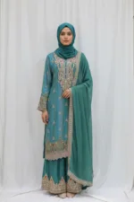 Royal Turquoise Pure Banarasi Muslin Silk Top and Bottom with Chiffon Dupatta | 3364 B - Patel Brothers NX 8