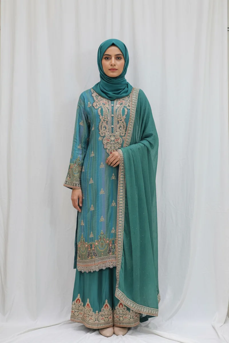 Royal Turquoise Pure Banarasi Muslin Silk Top and Bottom with Chiffon Dupatta | 3364 B - Patel Brothers NX 3