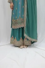 Royal Turquoise Pure Banarasi Muslin Silk Top and Bottom with Chiffon Dupatta | 3364 B - Patel Brothers NX 11