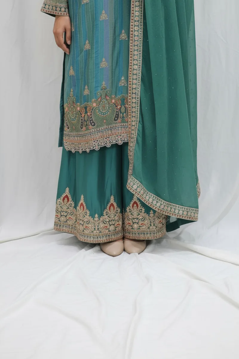Royal Turquoise Pure Banarasi Muslin Silk Top and Bottom with Chiffon Dupatta | 3364 B - Patel Brothers NX 6