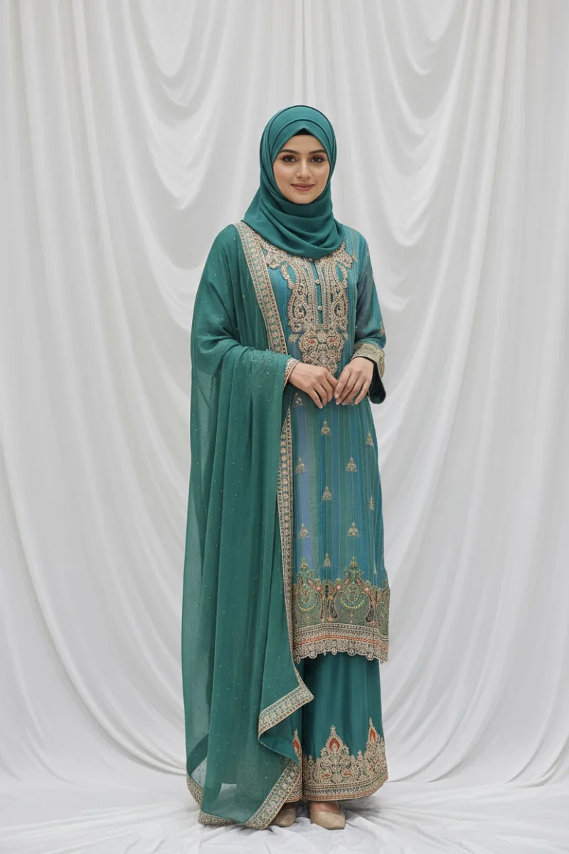 Royal Turquoise Pure Banarasi Muslin Silk Top and Bottom with Chiffon Dupatta | 3364 B - Patel Brothers NX 7
