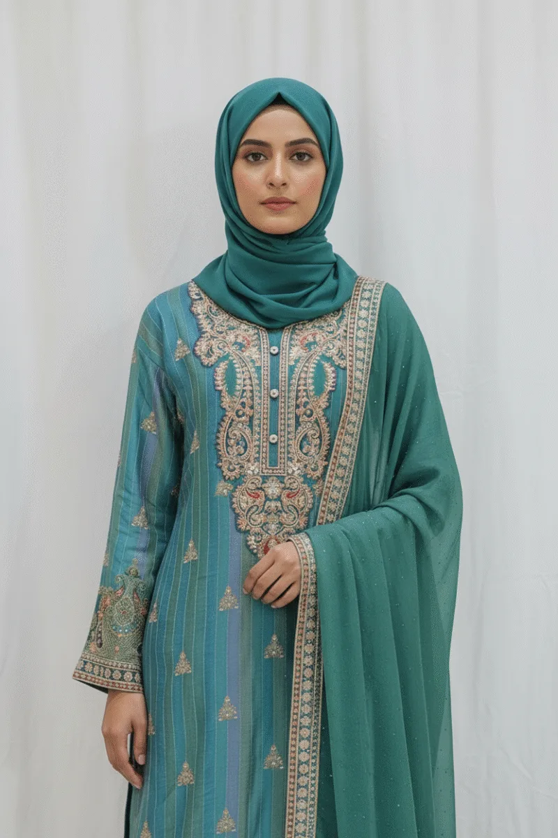 Royal Turquoise Pure Banarasi Muslin Silk Top and Bottom with Chiffon Dupatta | 3364 B - Patel Brothers NX 4