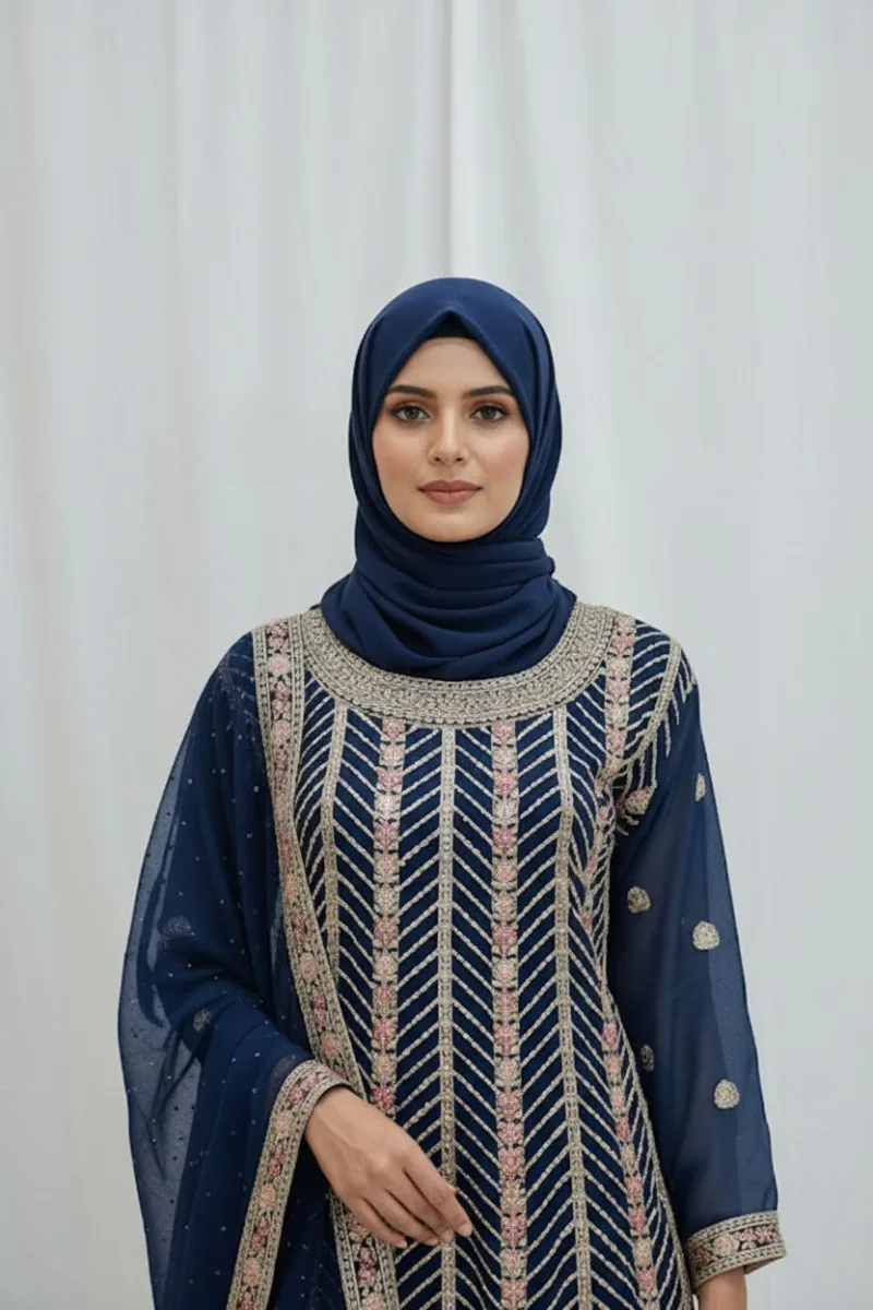 Elegant Navy Blue Pure Georgette Peplum Suit | 3542 A - Patel Brothers NX 4