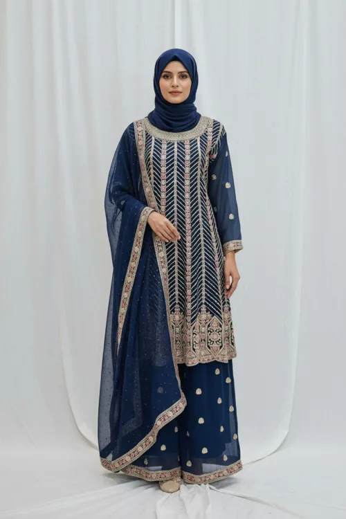 Elegant Navy Blue Pure Georgette Peplum Suit | 3542 A - Patel Brothers NX