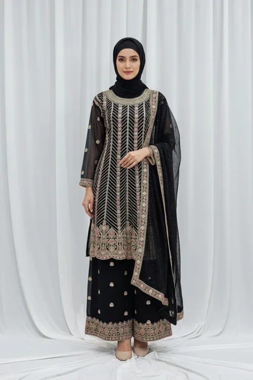 Elegant Black Pure Georgette Peplum Suit | 3542 B - Patel Brothers NX