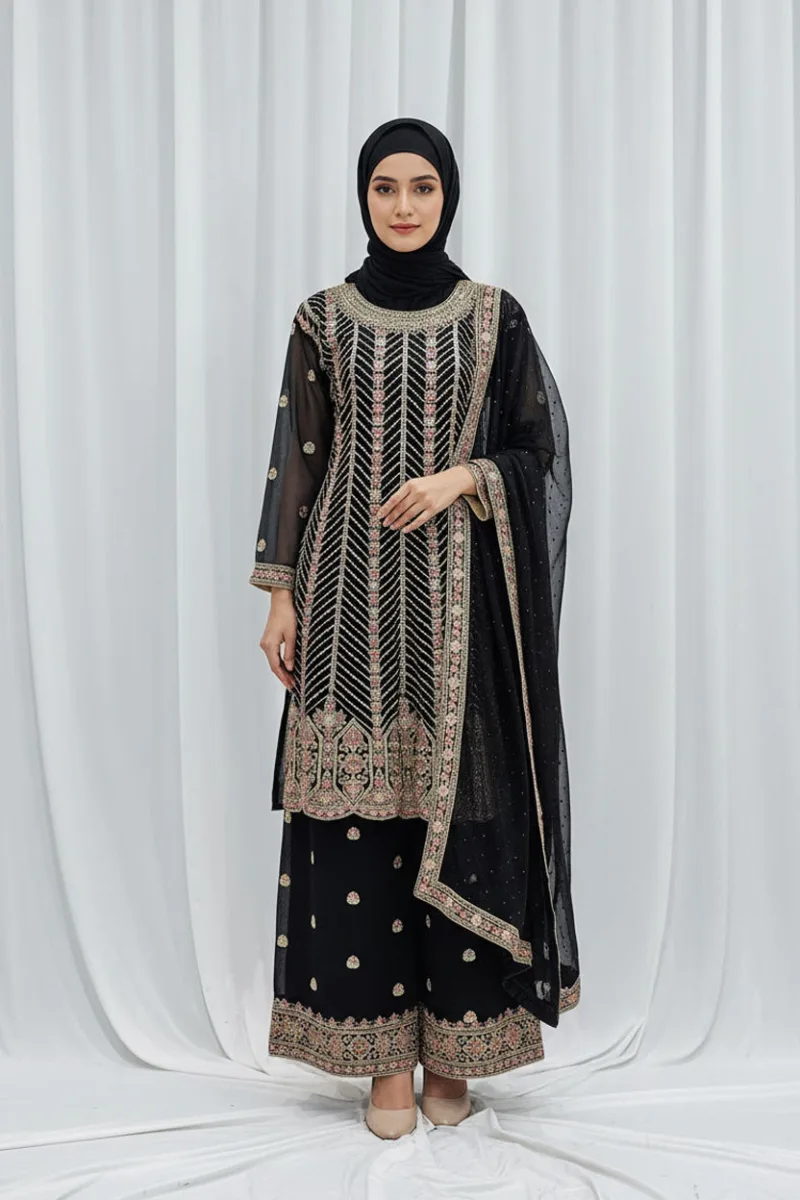 Elegant Black Pure Georgette Peplum Suit | 3542 B - Patel Brothers NX 3