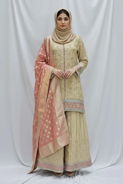 Pure Shimmer Tissue Beige Gold Suit – Traditional Elegance with Handcrafted Details  |  3586 A - Patel Brothers NX