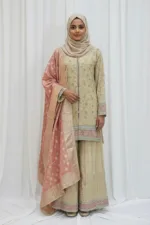 Pure Shimmer Tissue Beige Gold Suit – Traditional Elegance with Handcrafted Details  |  3586 A - Patel Brothers NX 12