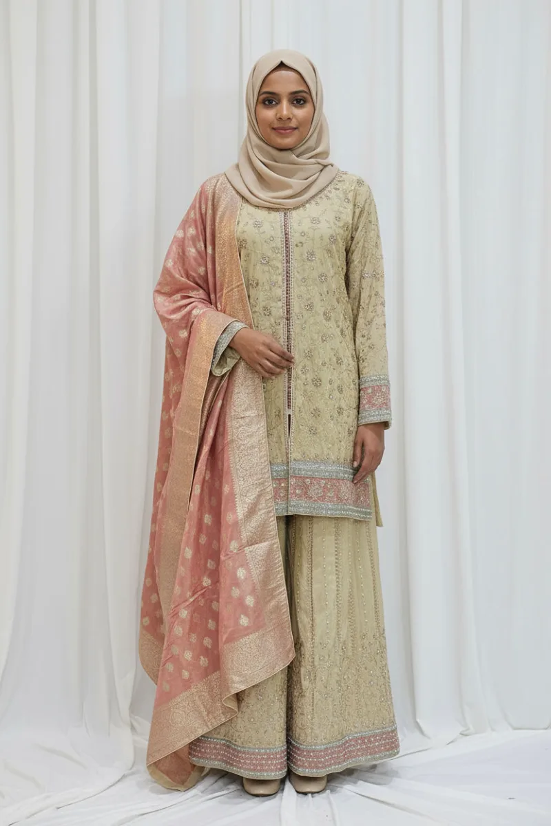 Pure Shimmer Tissue Beige Gold Suit – Traditional Elegance with Handcrafted Details  |  3586 A - Patel Brothers NX 5