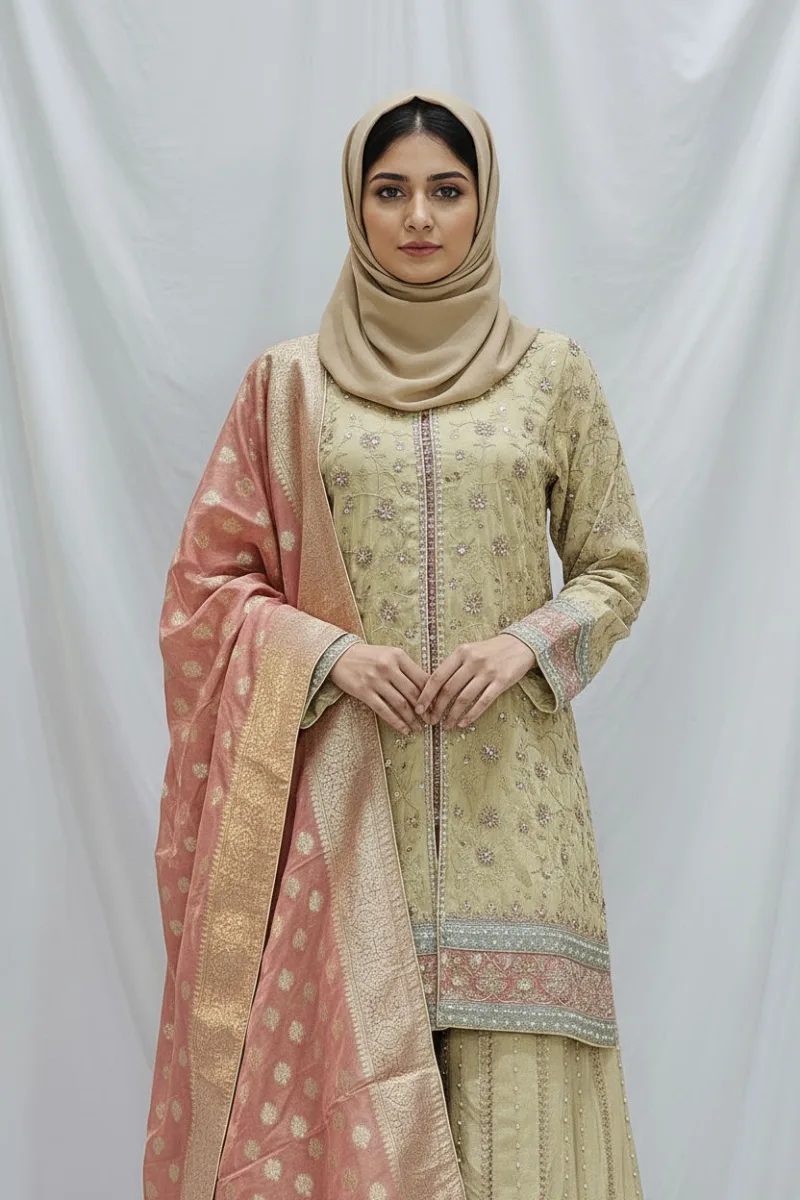 Pure Shimmer Tissue Beige Gold Suit – Traditional Elegance with Handcrafted Details  |  3586 A - Patel Brothers NX 4