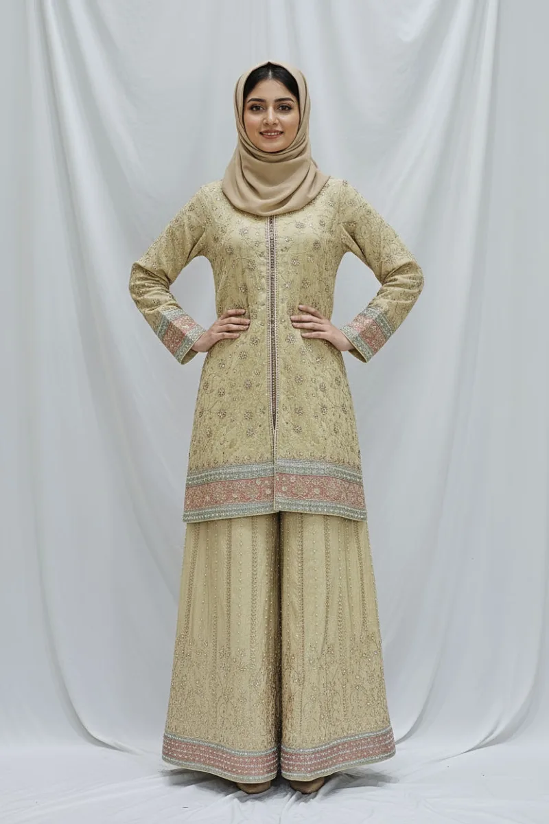 Pure Shimmer Tissue Beige Gold Suit – Traditional Elegance with Handcrafted Details  |  3586 A - Patel Brothers NX 6