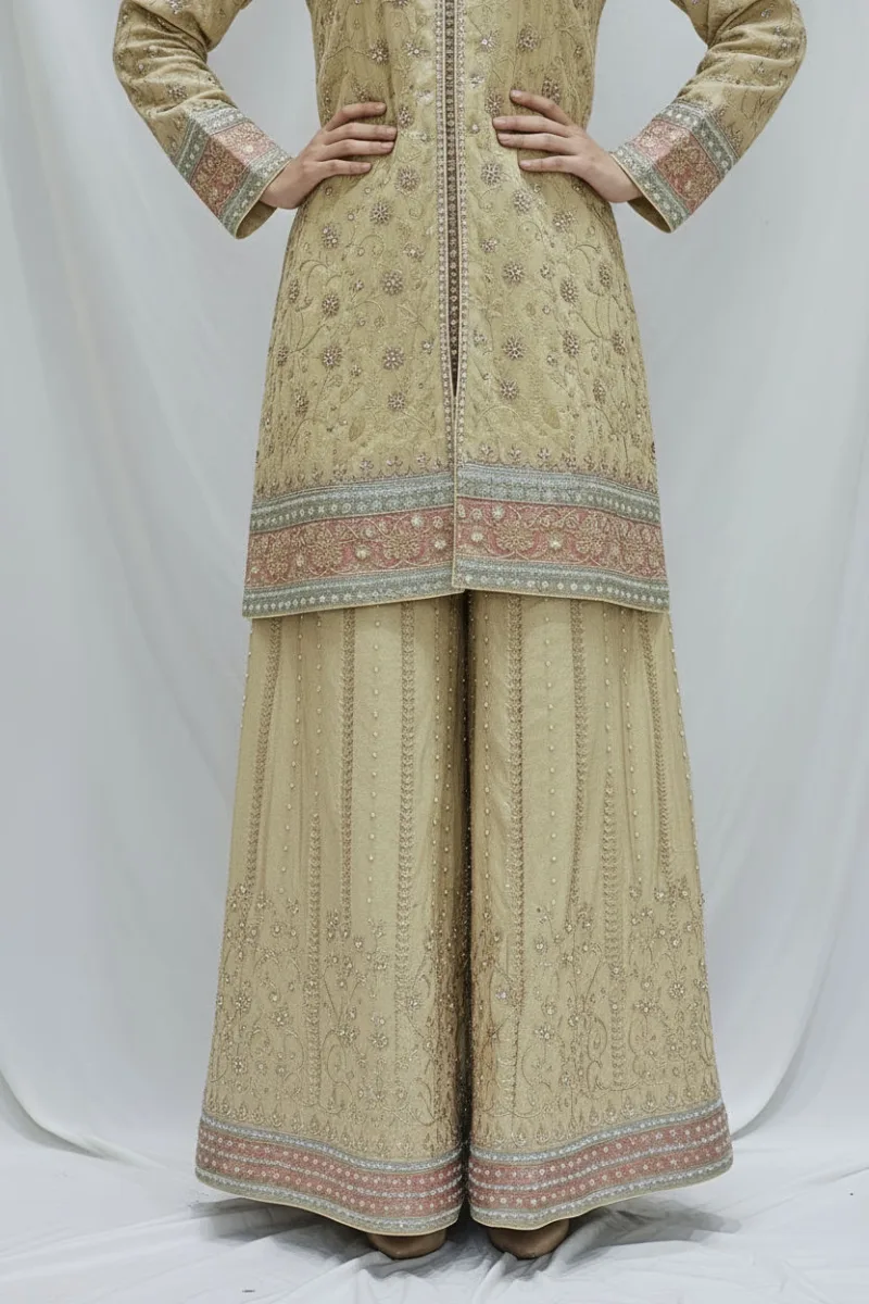 Pure Shimmer Tissue Beige Gold Suit – Traditional Elegance with Handcrafted Details  |  3586 A - Patel Brothers NX 8