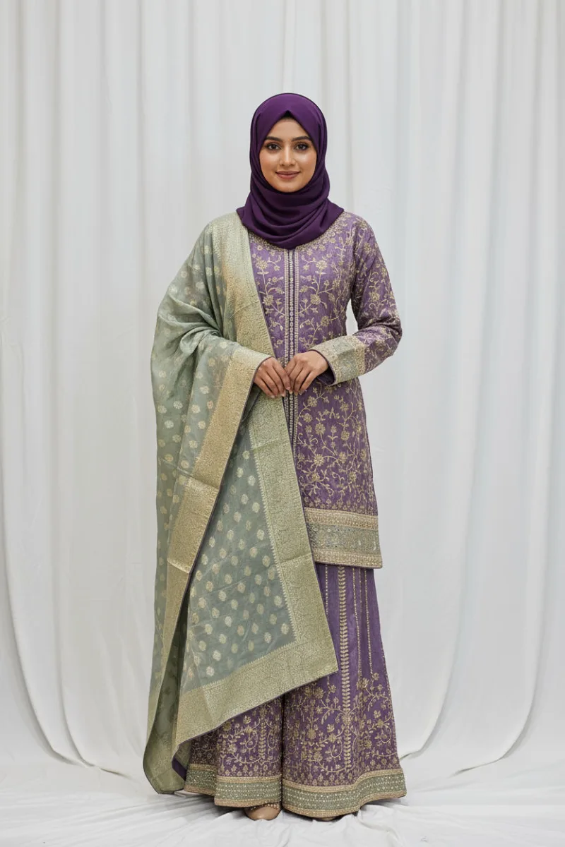 Pure Shimmer Tissue Lilac Purple Suit – Traditional Elegance with Handcrafted Details  |  3586 B - Patel Brothers NX 6