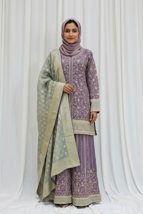 Pure Shimmer Tissue Lilac Purple Suit – Traditional Elegance with Handcrafted Details  |  3586 B - Patel Brothers NX