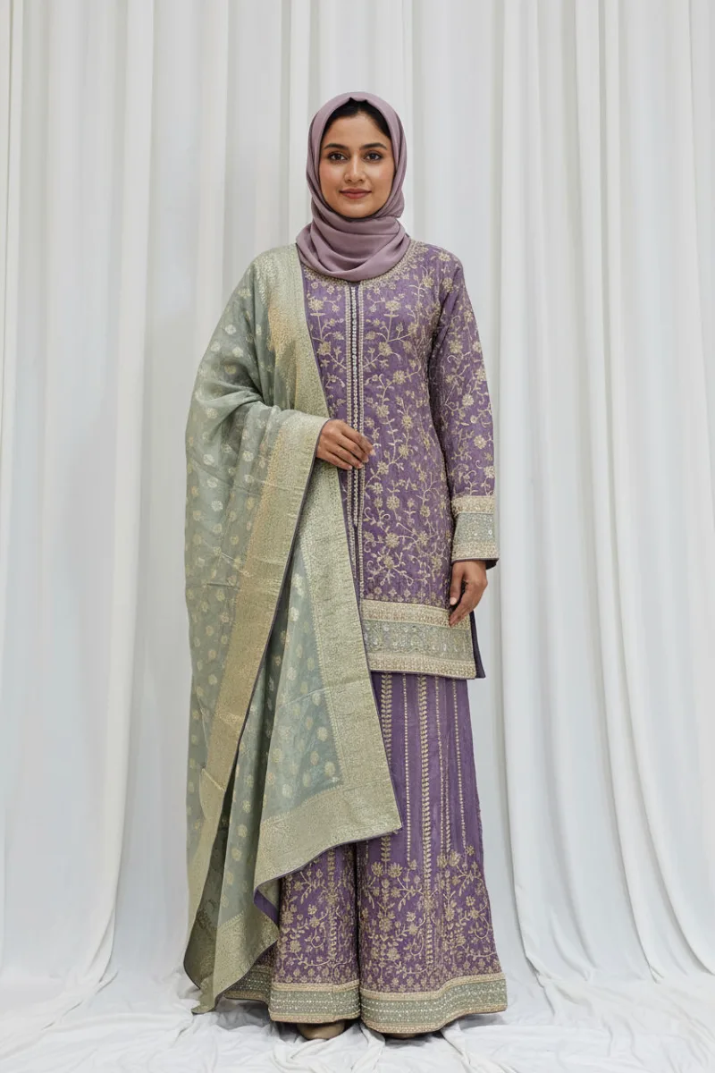 Pure Shimmer Tissue Lilac Purple Suit – Traditional Elegance with Handcrafted Details  |  3586 B - Patel Brothers NX 3