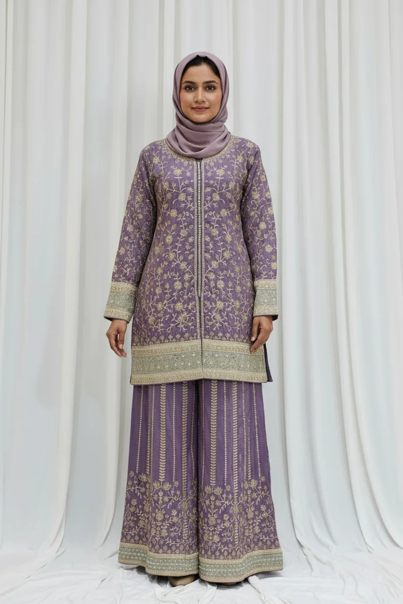 Pure Shimmer Tissue Lilac Purple Suit – Traditional Elegance with Handcrafted Details  |  3586 B - Patel Brothers NX 5