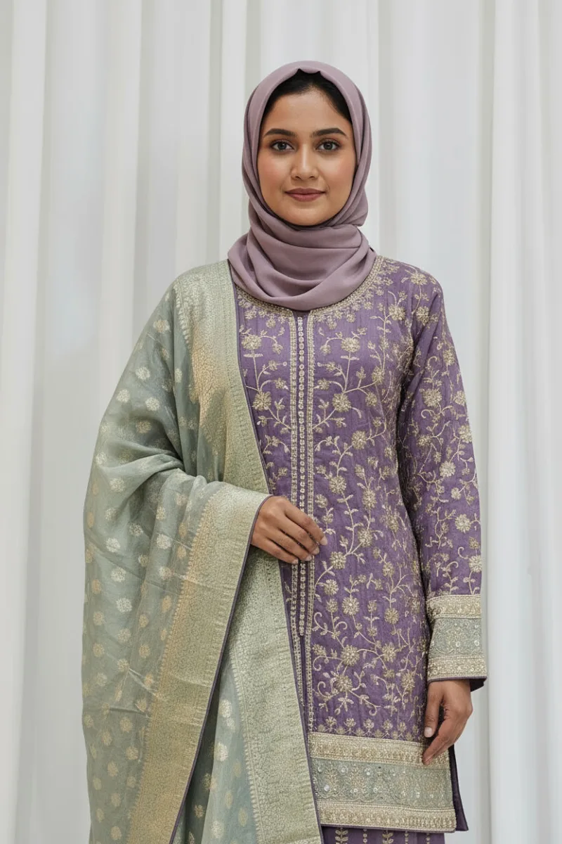 Pure Shimmer Tissue Lilac Purple Suit – Traditional Elegance with Handcrafted Details  |  3586 B - Patel Brothers NX 4