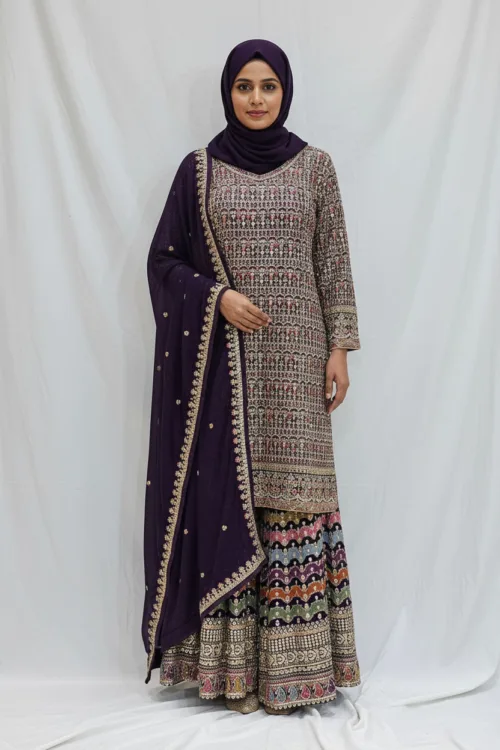 Dark Purple Embroidered Chinon Chiffon 3PC Set | Luxury Formal Wear 3592 A - Patel Brothers NX