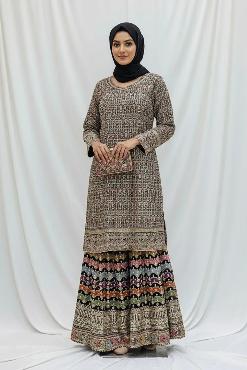Black Embroidered Chinon Chiffon 3PC Set | Luxury Formal Wear 3592 A - Patel Brothers NX 4