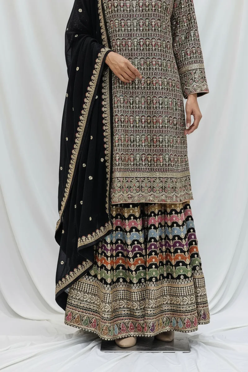 Black Embroidered Chinon Chiffon 3PC Set | Luxury Formal Wear 3592 A - Patel Brothers NX 7