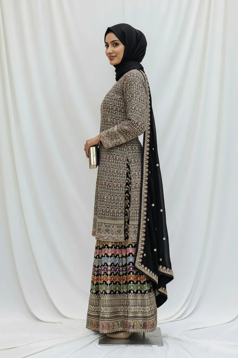 Black Embroidered Chinon Chiffon 3PC Set | Luxury Formal Wear 3592 A - Patel Brothers NX 6
