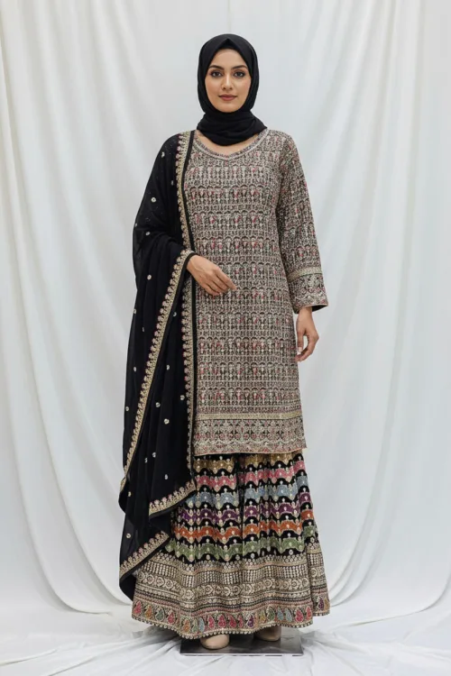 Black Embroidered Chinon Chiffon 3PC Set | Luxury Formal Wear 3592 A - Patel Brothers NX