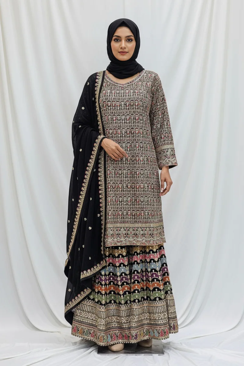Black Embroidered Chinon Chiffon 3PC Set | Luxury Formal Wear 3592 A - Patel Brothers NX 3
