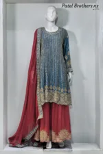 Teal & Maroon Heavy Embroidered Peplum Suit with Palazzo and Contrast Dupatta | 3074 A - Patel Brothers NX 8
