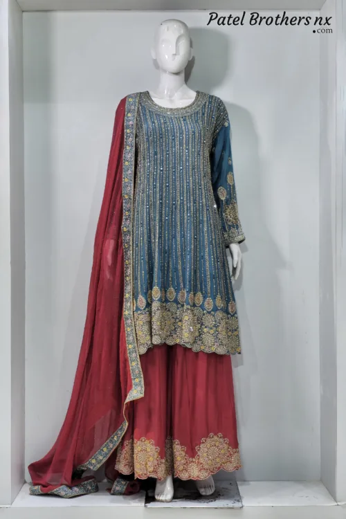 Teal & Maroon Heavy Embroidered Peplum Suit with Palazzo and Contrast Dupatta | 3074 A - Patel Brothers NX