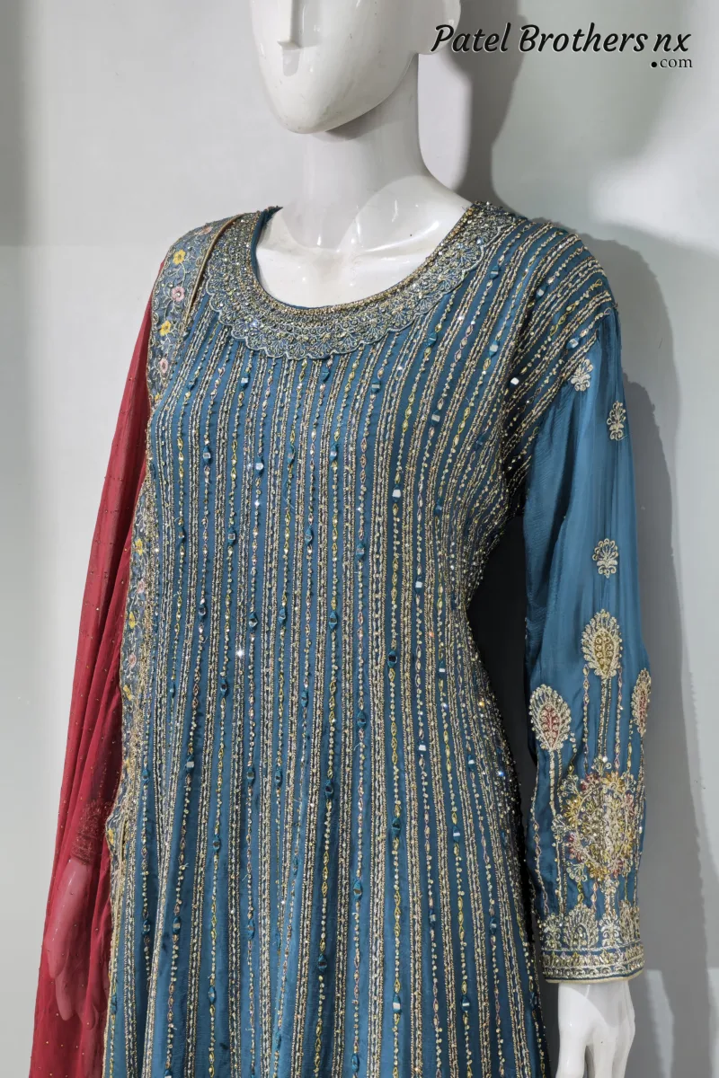 Teal & Maroon Heavy Embroidered Peplum Suit with Palazzo and Contrast Dupatta | 3074 A - Patel Brothers NX 6