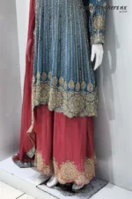 Teal & Maroon Heavy Embroidered Peplum Suit with Palazzo and Contrast Dupatta | 3074 A - Patel Brothers NX 12
