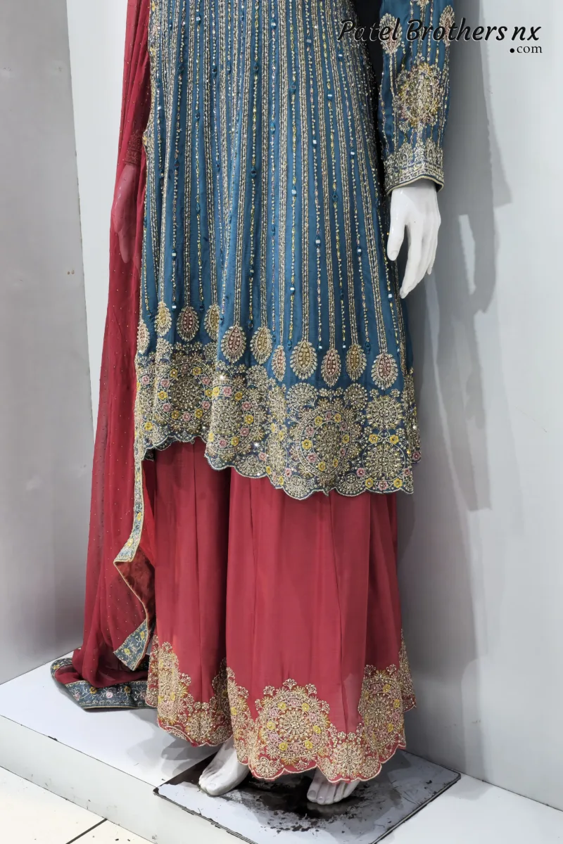Teal & Maroon Heavy Embroidered Peplum Suit with Palazzo and Contrast Dupatta | 3074 A - Patel Brothers NX 7