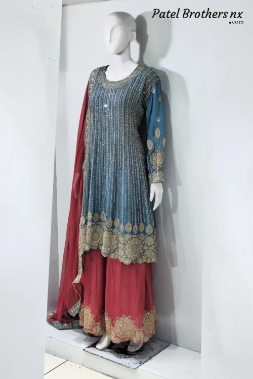 Teal & Maroon Heavy Embroidered Peplum Suit with Palazzo and Contrast Dupatta | 3074 A - Patel Brothers NX 3