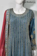 Teal & Maroon Heavy Embroidered Peplum Suit with Palazzo and Contrast Dupatta | 3074 A - Patel Brothers NX 9