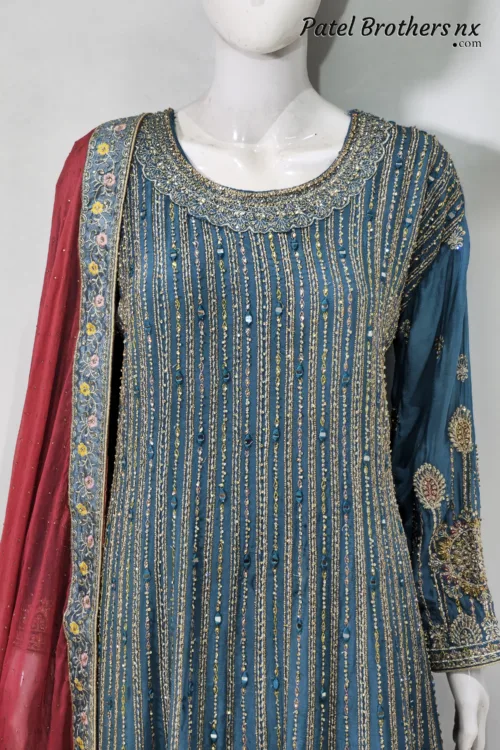 Teal & Maroon Heavy Embroidered Peplum Suit with Palazzo and Contrast Dupatta | 3074 A - Patel Brothers NX 2