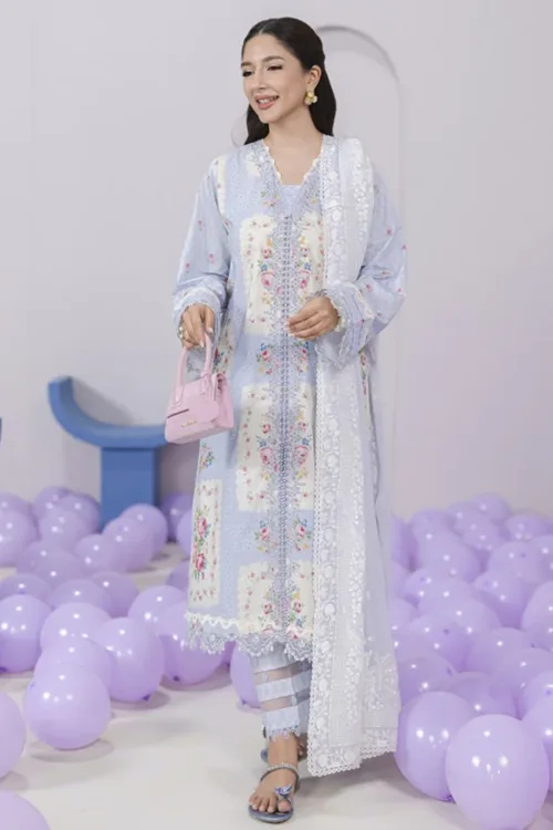 Qalamkar Qprints 25 – EM-02 (A) ESME | Digital Printed Lawn Suit with Embroidery & Block Printed Chiffon Dupatta - Patel Brothers NX