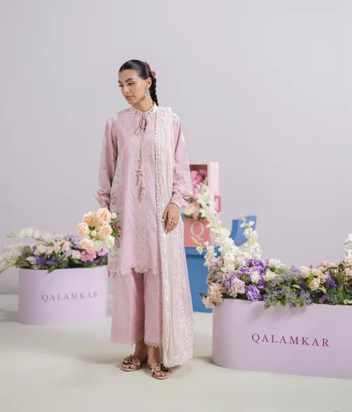 Qalamkar Qprints 25 – EM-02 (B) KIRA | Digital Printed Lawn Suit with Embroidery & Block Printed Chiffon Dupatta - Patel Brothers NX